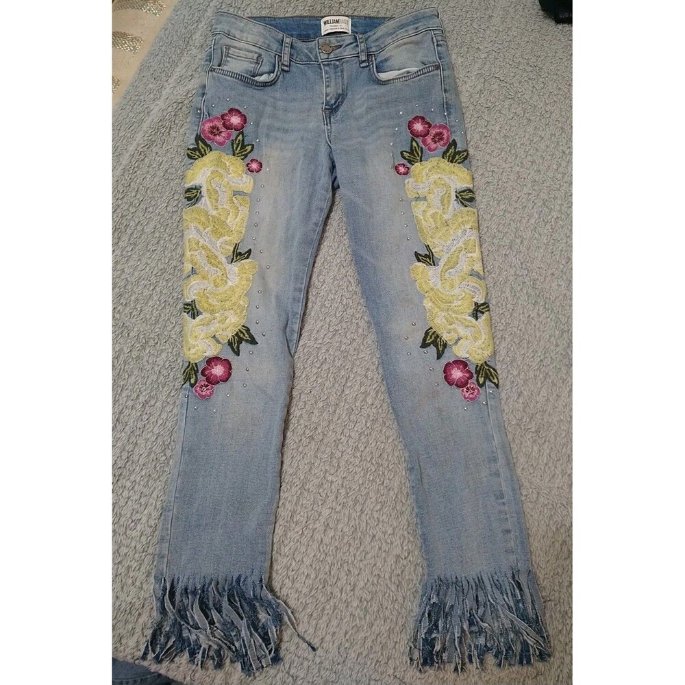 William Rast Cropped Fringed Embroidered Jeans Size 26 Boho Cottage Core...
